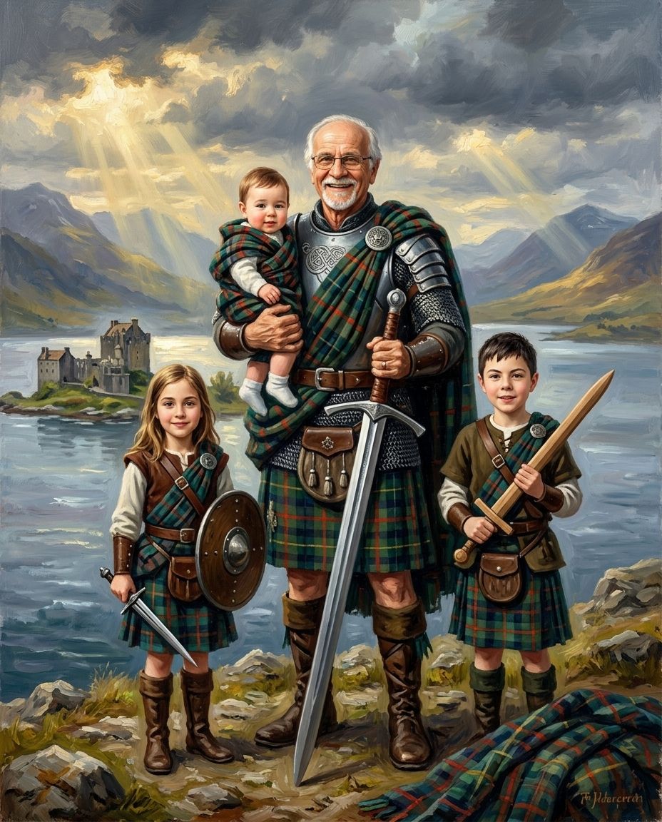 Highland Warrior – Büyükbaba ve Torunlar kişiye özel portre tasarım örneği