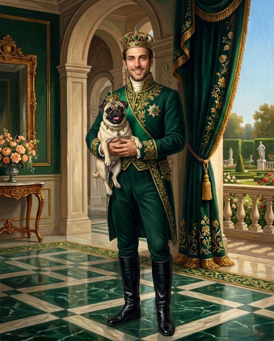 Emerald Imperials – Erkek ve Evcil Dost kişiye özel portre tasarım örneği