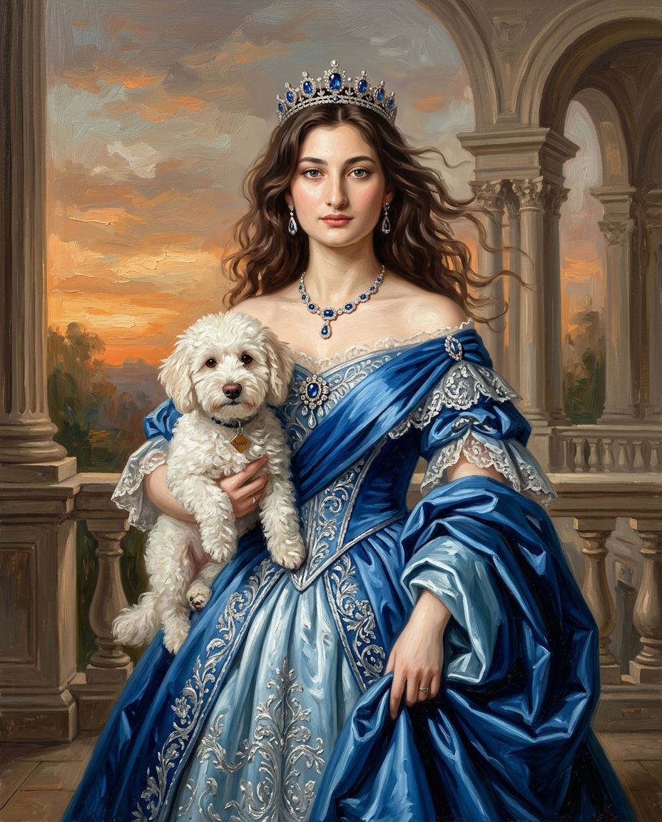 Princess in Blue – Kadın ve Evcil Dostlar kişiye özel portre tasarım örneği