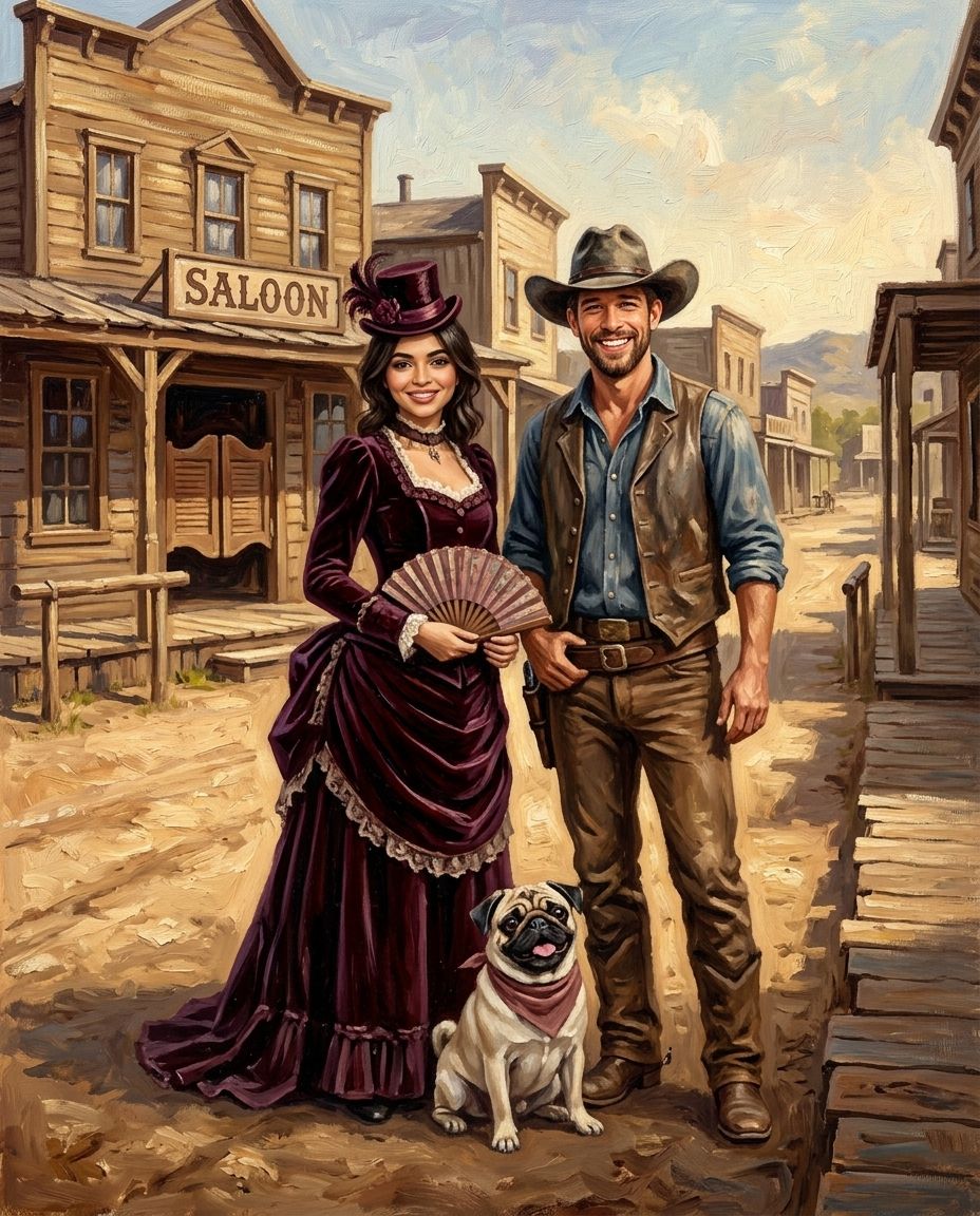 The Saloon – Çift ve Evcil Dostlar kişiye özel portre tasarım örneği
