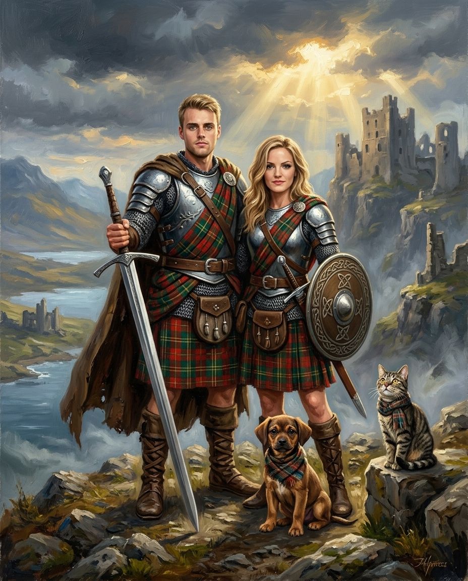 Highland Warrior – Çift ve Evcil Dostlar kişiye özel portre tasarım örneği