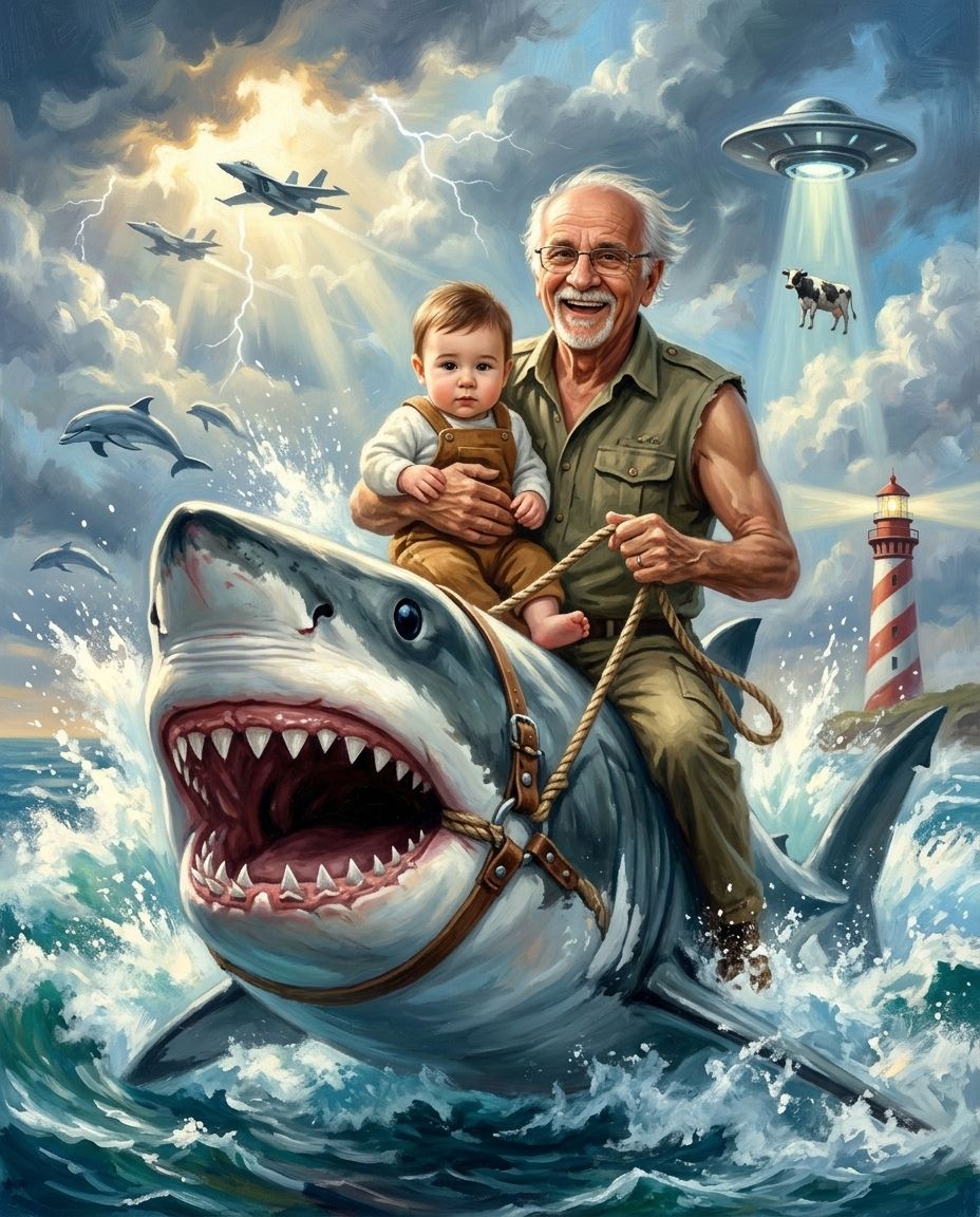 Shark Rider – Büyükbaba ve Torunlar kişiye özel portre tasarım örneği