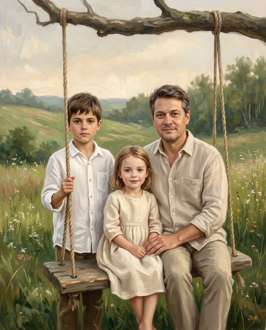 Memory Swing – Baba ve Çocuklar kişiye özel portre tasarım örneği