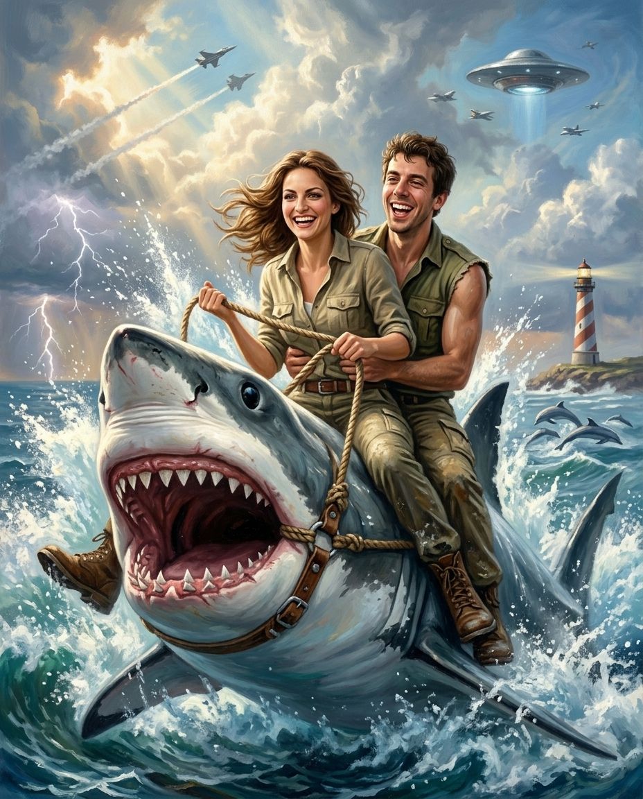Shark Rider – Çift kişiye özel portre tasarım örneği