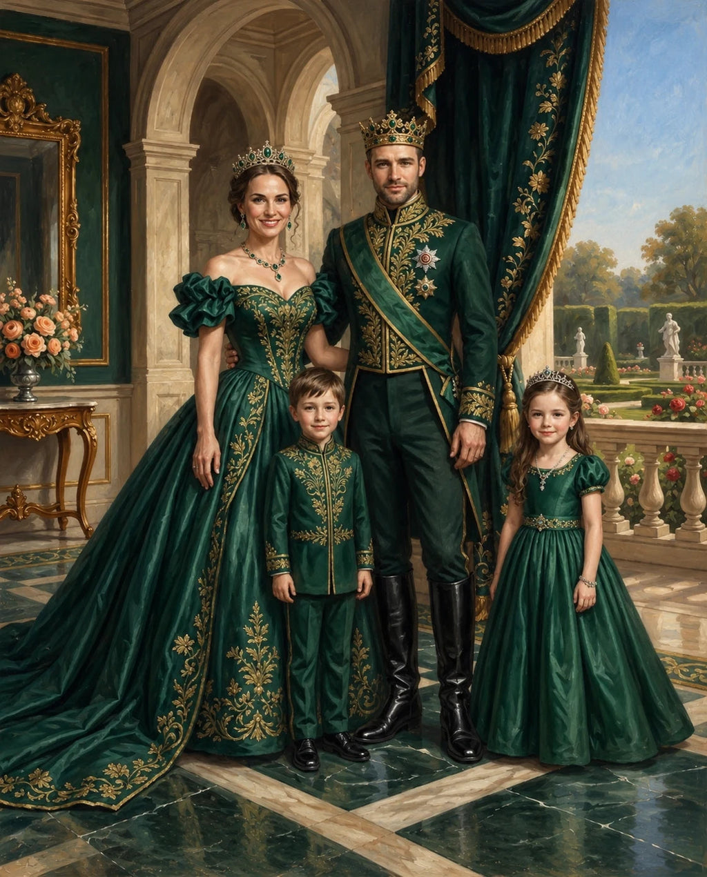 Emerald Imperials – Anne Baba ve Çocuk kişiye özel portre tasarım örneği