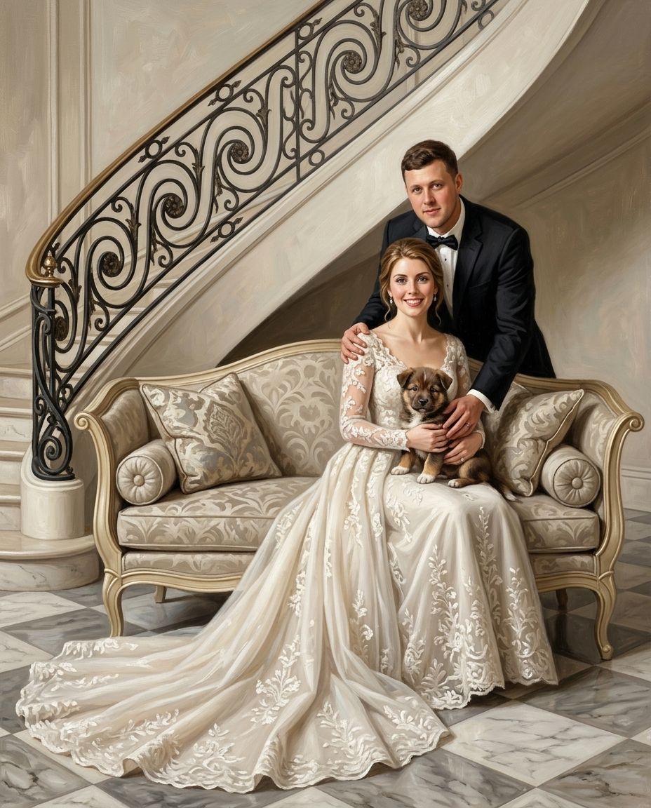 Marble & Lace – Çift ve Evcil Dostlar kişiye özel portre tasarım örneği