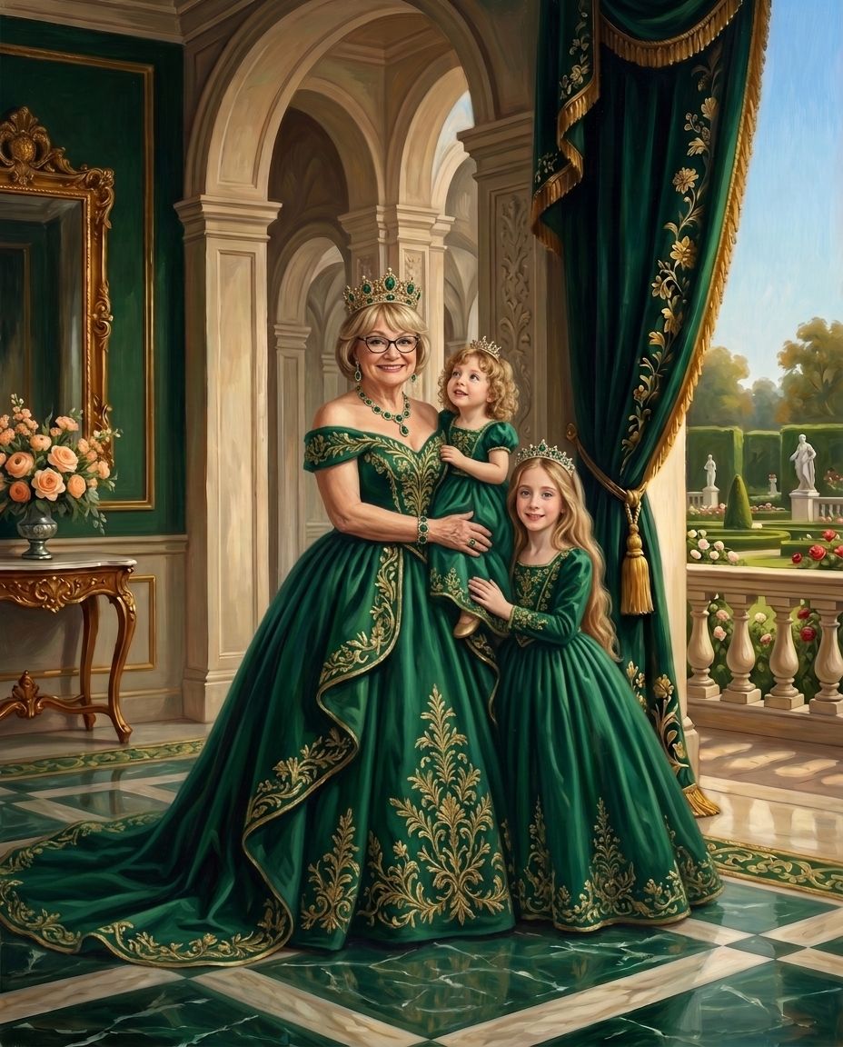 Emerald Imperials – Büyükanne ve Torunlar kişiye özel portre tasarım örneği