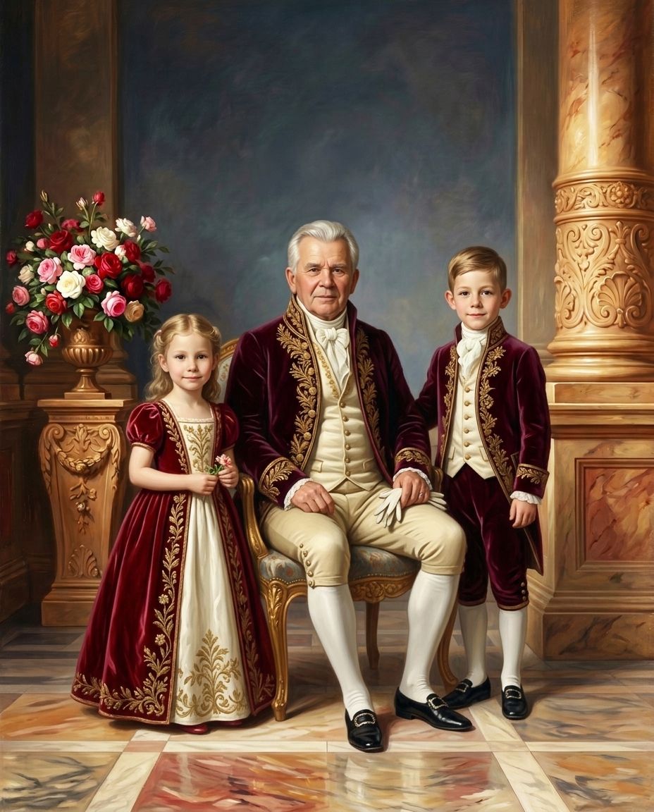 Royals of Roses – Büyükbaba ve Torunlar kişiye özel portre tasarım örneği