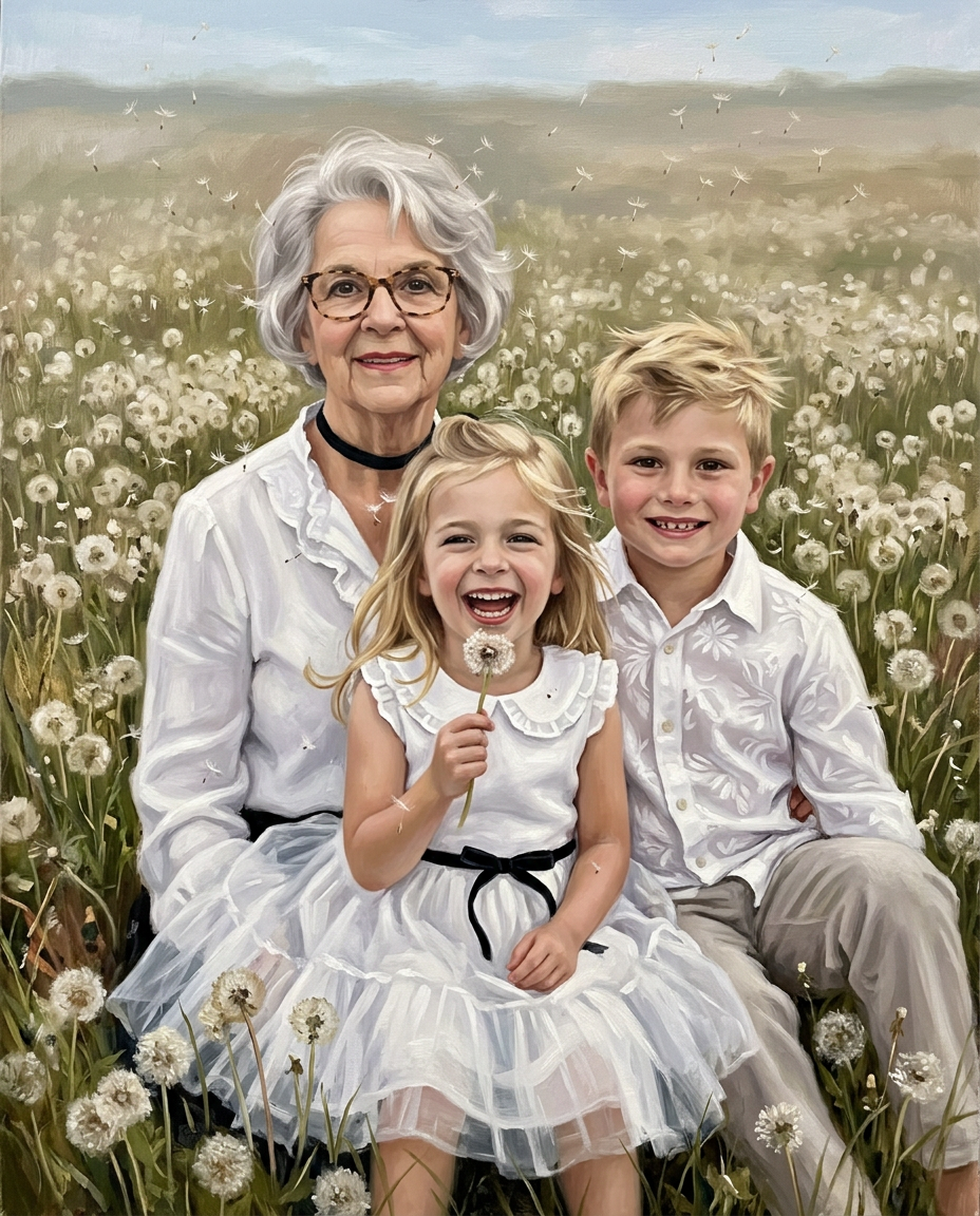 Fields of Fluff – Büyükanne ve Torunlar kişiye özel portre tasarım örneği