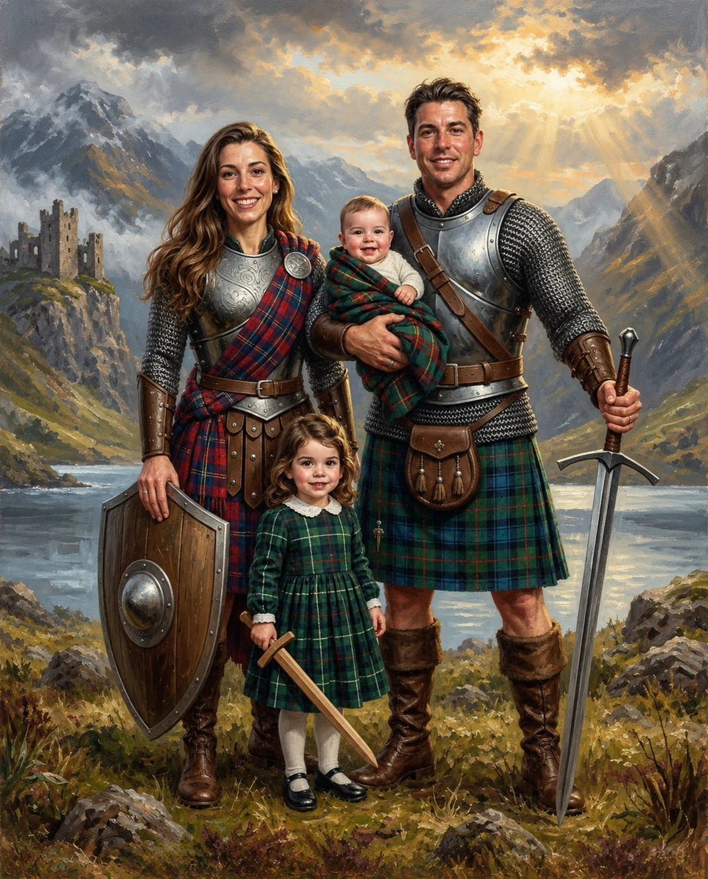 Highland Warrior – Anne Baba ve Çocuk kişiye özel portre tasarım örneği