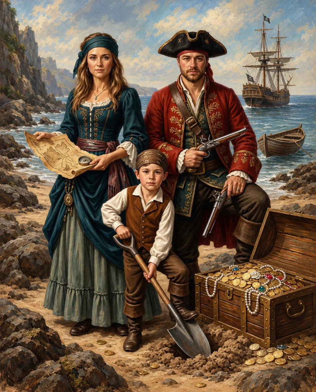 Treasure Seekers – Anne Baba ve Çocuk kişiye özel portre tasarım örneği