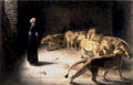 Briton Rivière’in Danyal’ın Krala Cevabı (1890) eseri: aslanların arasında yukarıya bakan Danyal ve taş zemindeki kemikler; eserin tamamı.