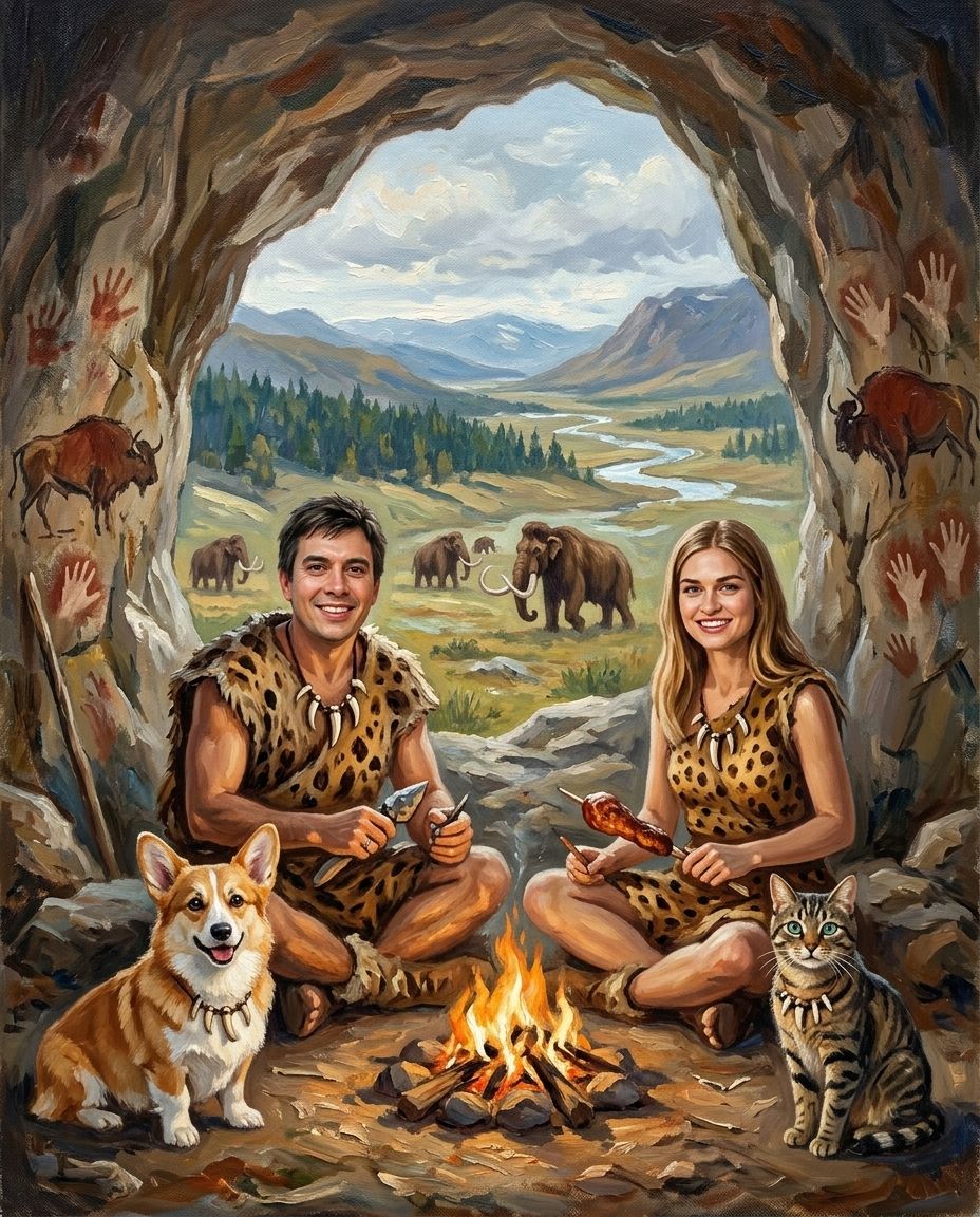 Cave Family – Çift ve Evcil Dostlar kişiye özel portre tasarım örneği