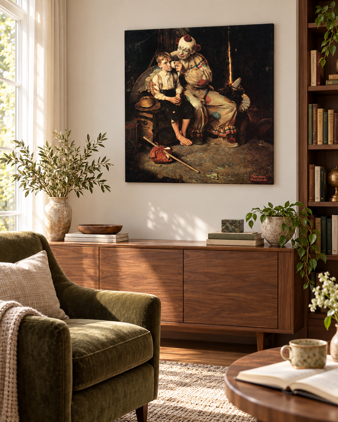 Norman Rockwell Kaçak Çocuk ve Palyaço kanvas tablosunun ceviz kitaplık, yeşil koltuk ve pencere ışığıyla düzenlenmiş okuma köşesindeki yerleşim mockupı.