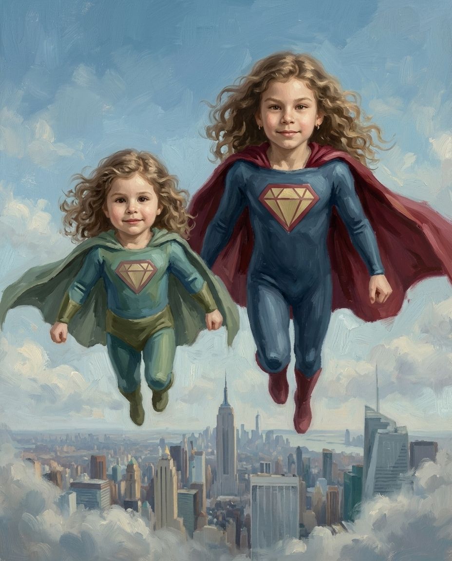 Super Hero – Kız Kardeşler kişiye özel portre tasarım örneği