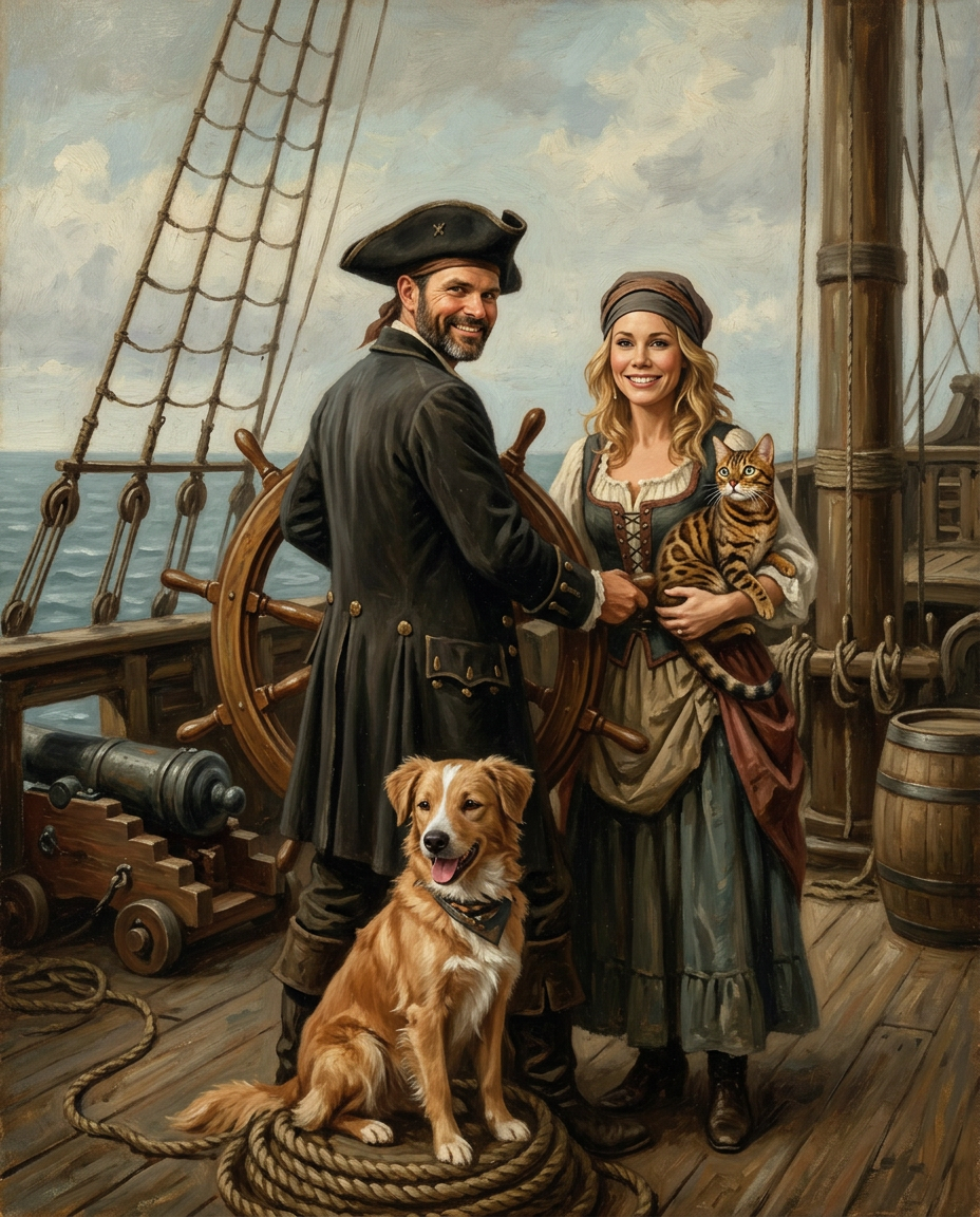 Wild Pirates – Çift ve Evcil Dostlar kişiye özel portre tasarım örneği