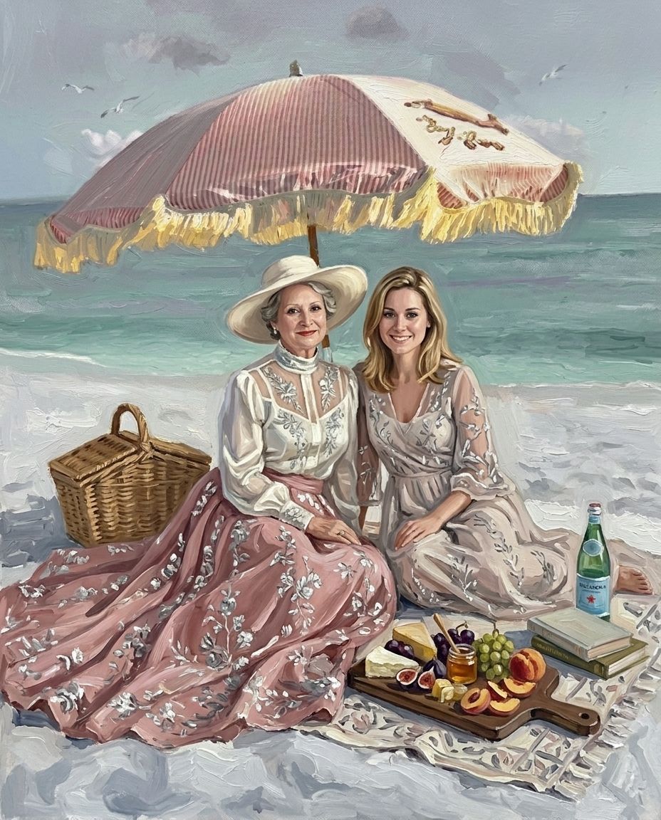 Seaside Picnic – Büyükanne ve Torunlar kişiye özel portre tasarım örneği