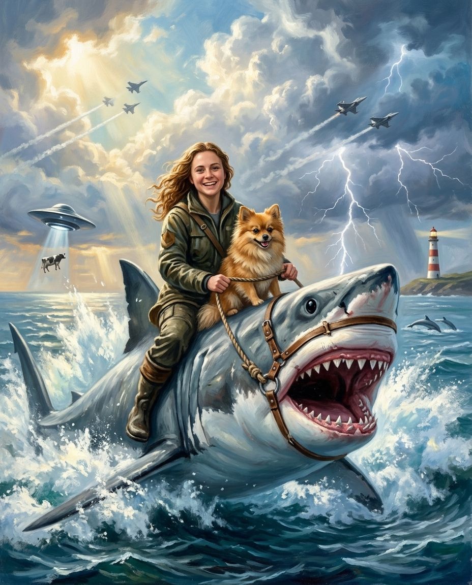 Shark Rider – Kadın ve Evcil Dostlar kişiye özel portre tasarım örneği