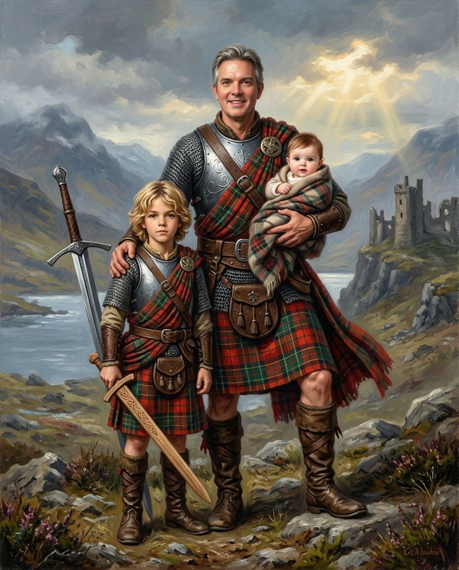 Highland Warrior – Baba ve Çocuklar kişiye özel portre tasarım örneği