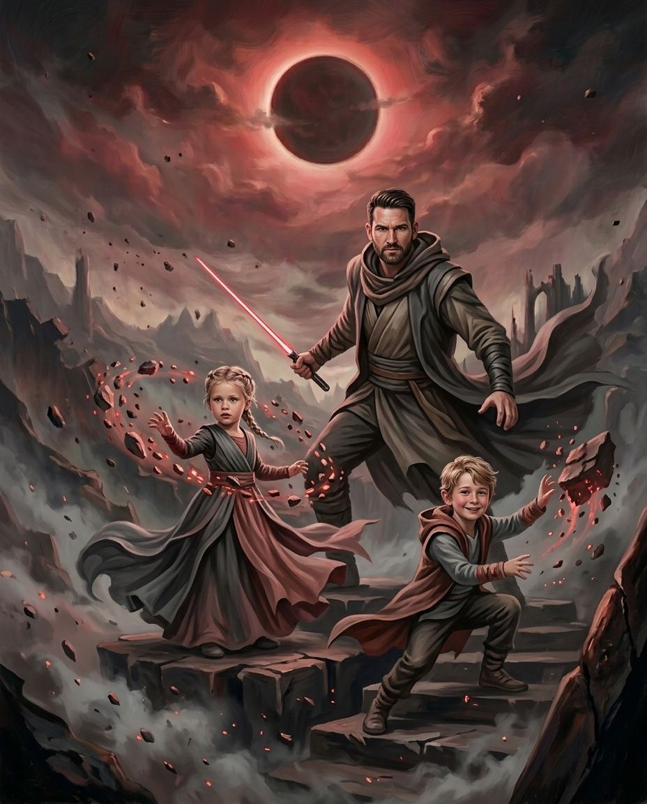 Crimson Ascension – Baba ve Çocuklar kişiye özel portre tasarım örneği