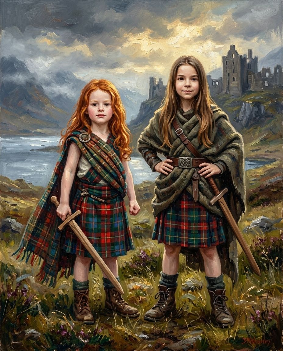 Highland Warrior – Kız Kardeşler kişiye özel portre tasarım örneği