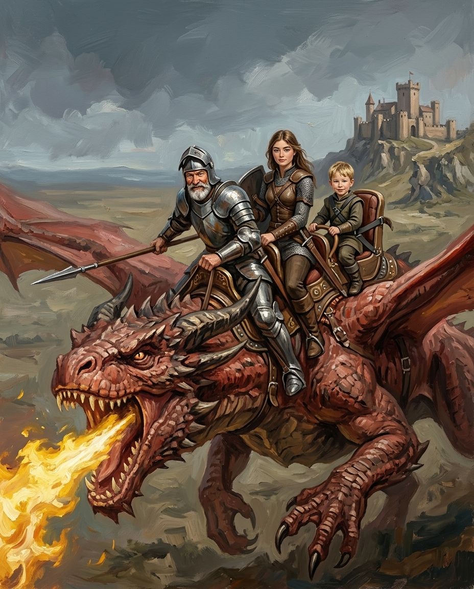 Dragon Rider – Büyükbaba ve Torunlar kişiye özel portre tasarım örneği