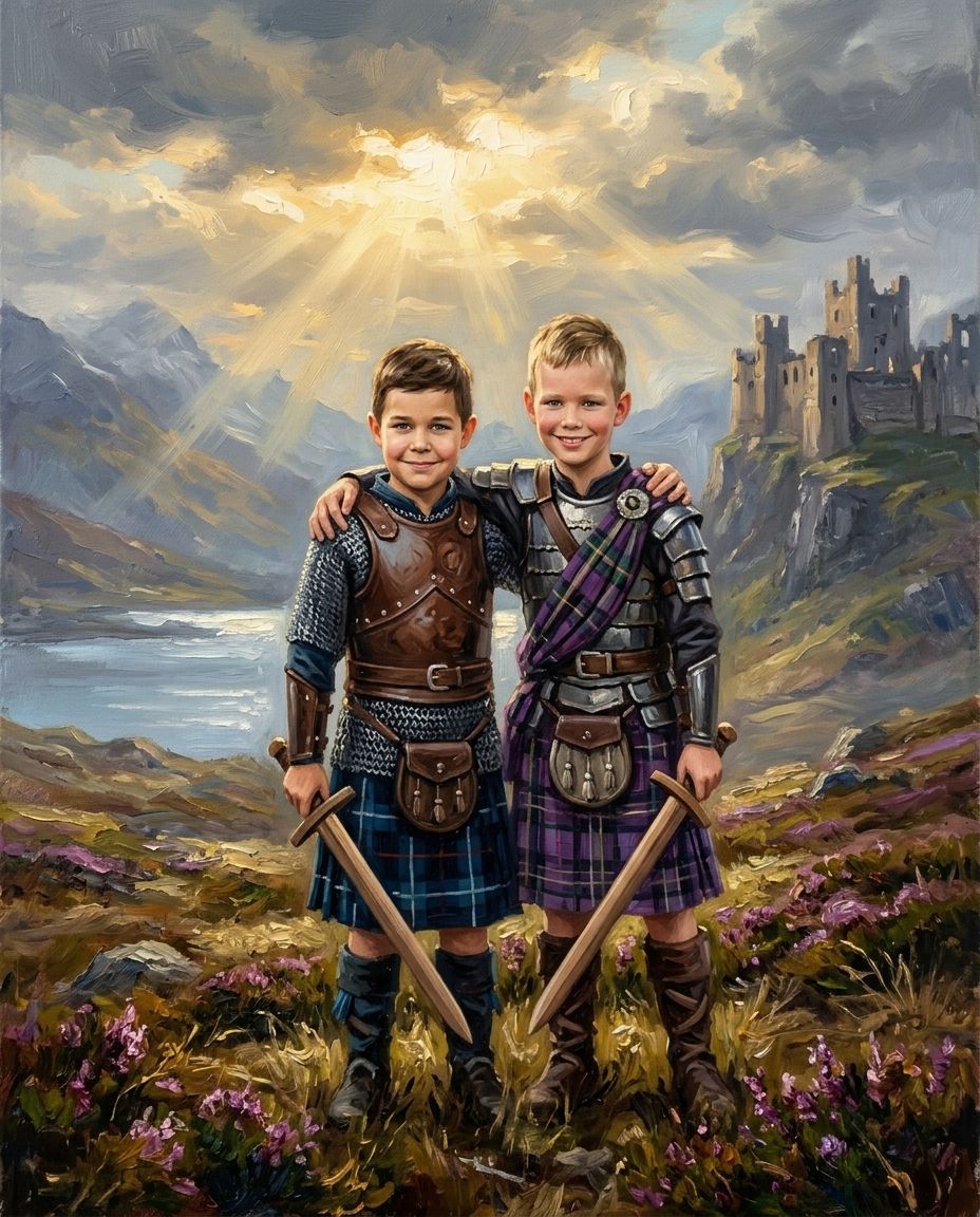 Highland Warrior – Erkek Kardeşler kişiye özel portre tasarım örneği