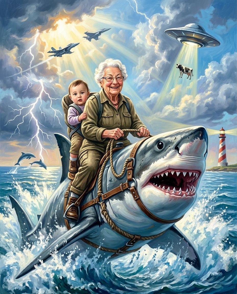 Shark Rider – Büyükanne ve Torunlar kişiye özel portre tasarım örneği