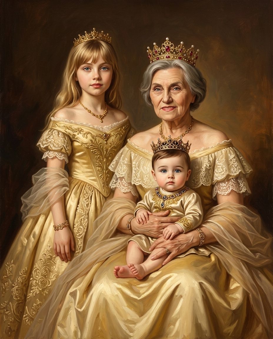 Royals in Gold – Büyükanne ve Torunlar kişiye özel portre tasarım örneği