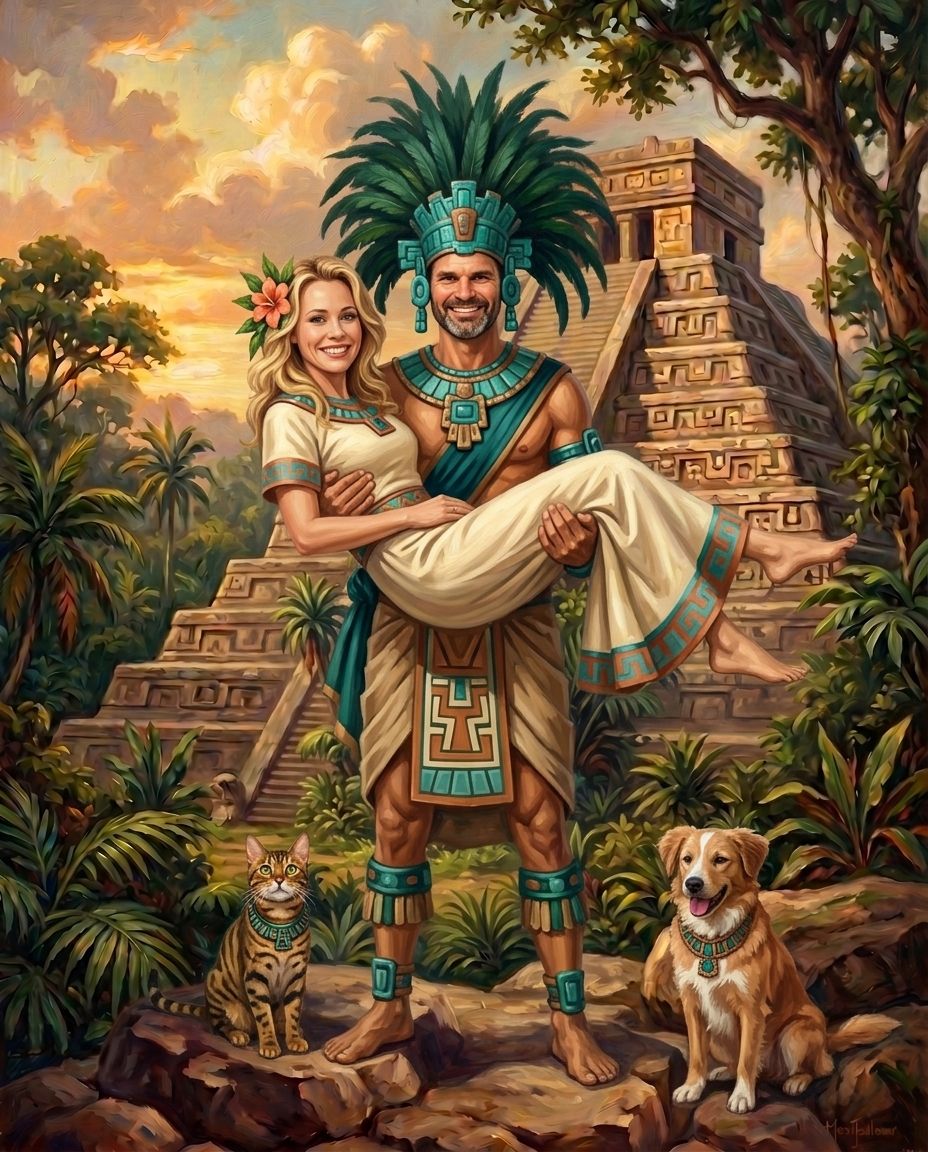Aztecs – Çift ve Evcil Dostlar kişiye özel portre tasarım örneği