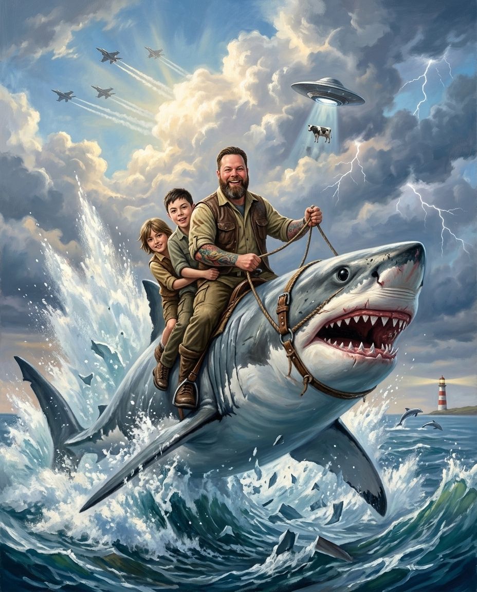 Shark Rider – Baba ve Çocuklar kişiye özel portre tasarım örneği