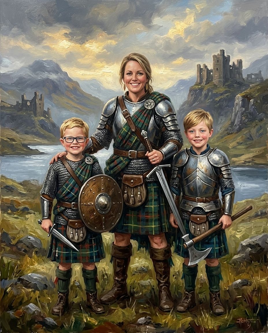 Highland Warrior – Anne ve Çocuklar kişiye özel portre tasarım örneği