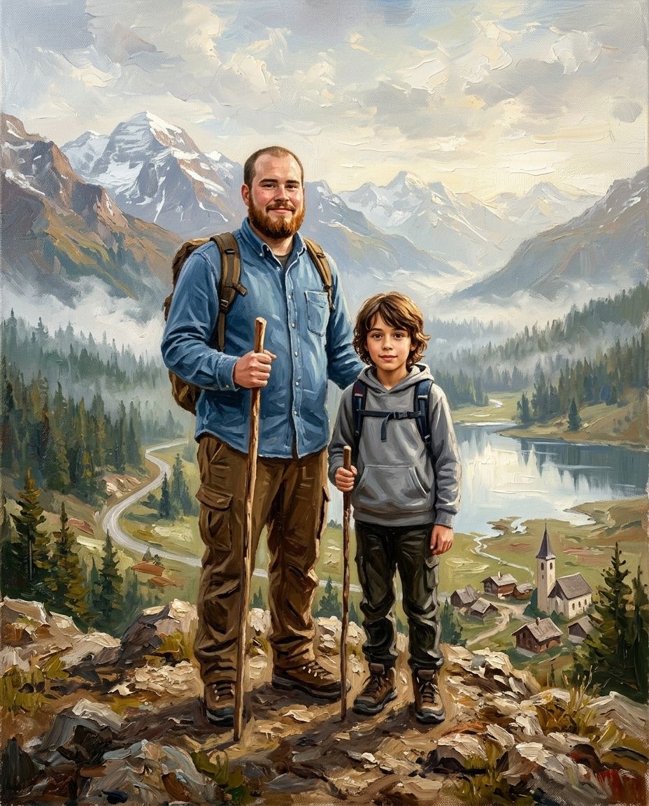 Mountain Explorer – Baba ve Çocuklar kişiye özel portre tasarım örneği