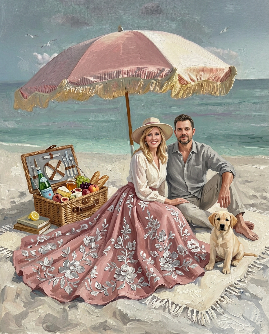 Seaside Picnic – Çift ve Evcil Dostlar kişiye özel portre tasarım örneği