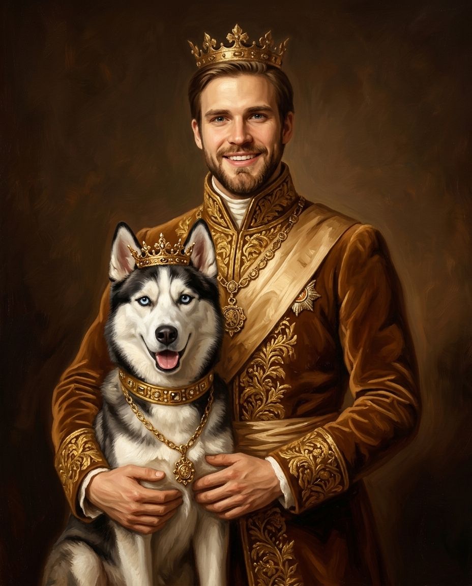 Royals in Gold – Erkek ve Evcil Dost kişiye özel portre tasarım örneği