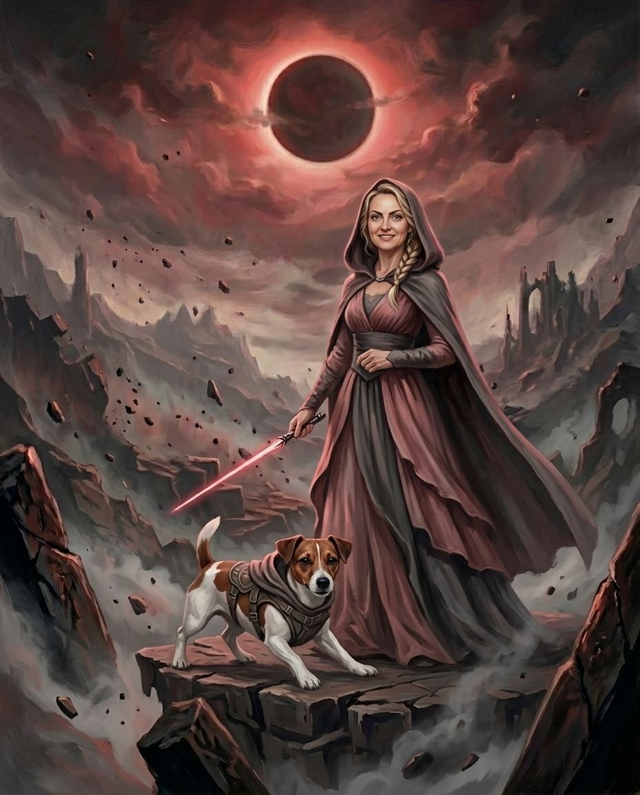 Crimson Ascension – Kadın ve Evcil Dostlar kişiye özel portre tasarım örneği