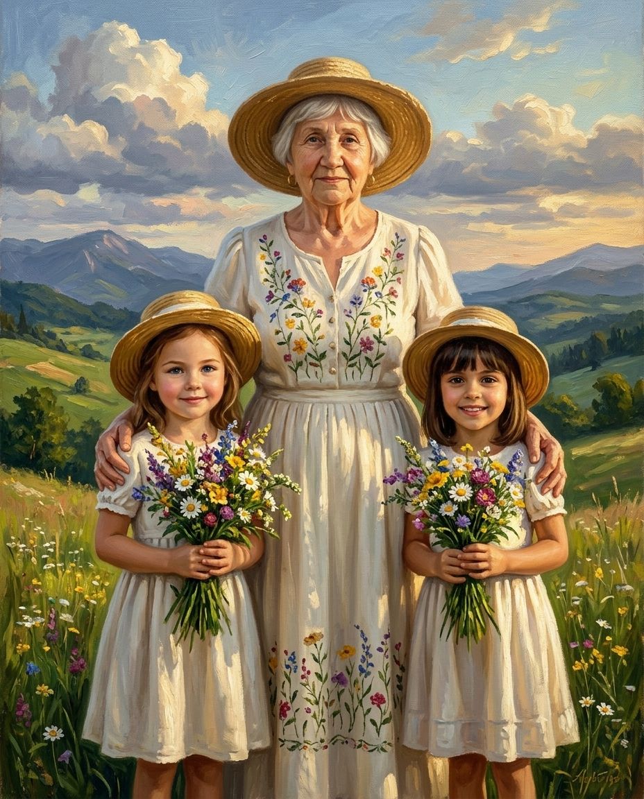 Meadow Muse – Büyükanne ve Torunlar kişiye özel portre tasarım örneği