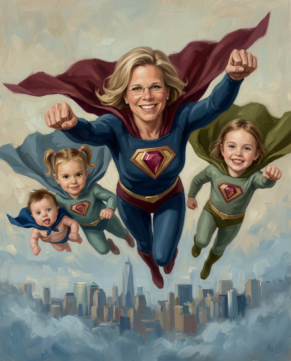 Super Hero – Anne ve Çocuklar kişiye özel portre tasarım örneği