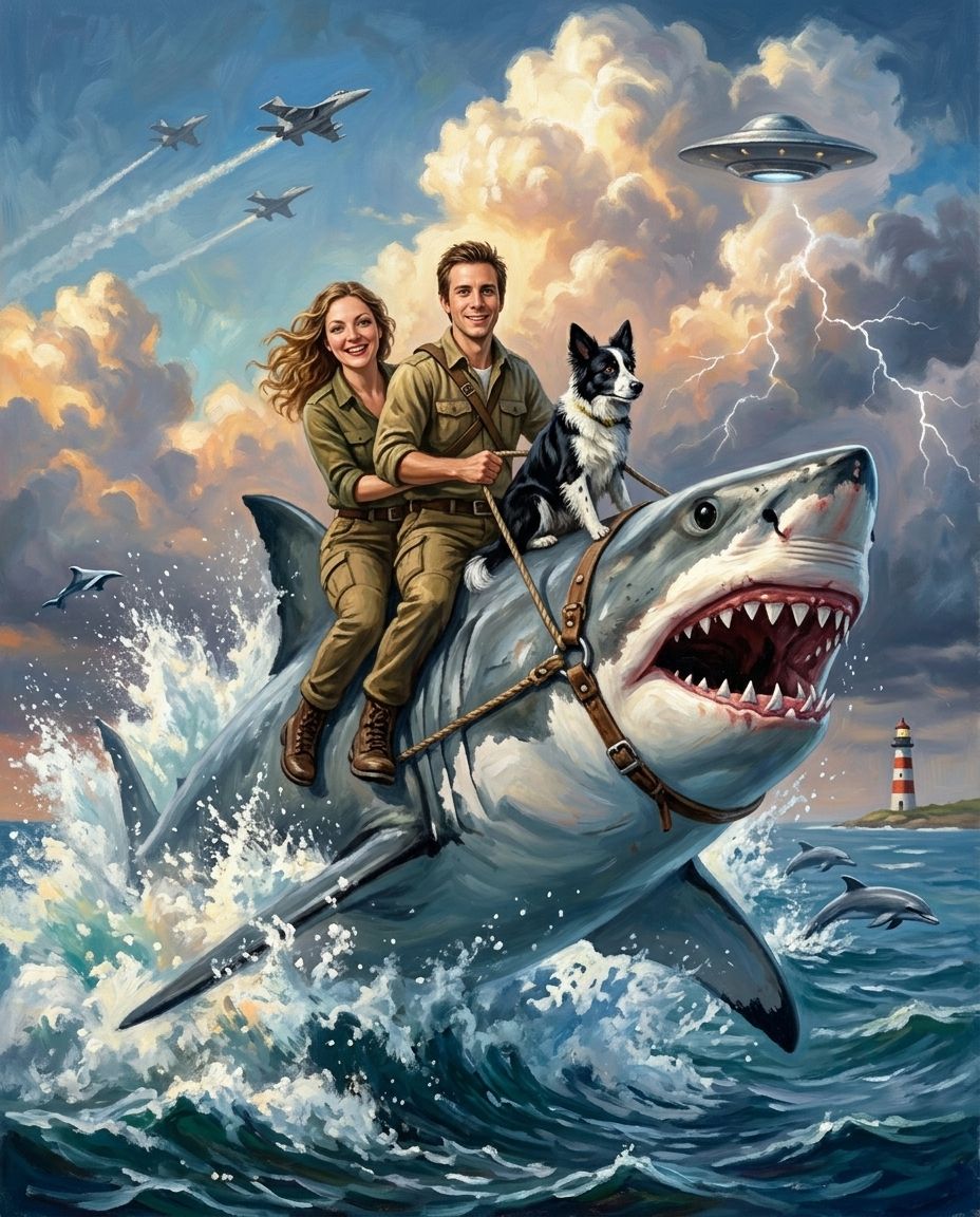 Shark Rider – Çift ve Evcil Dostlar kişiye özel portre tasarım örneği