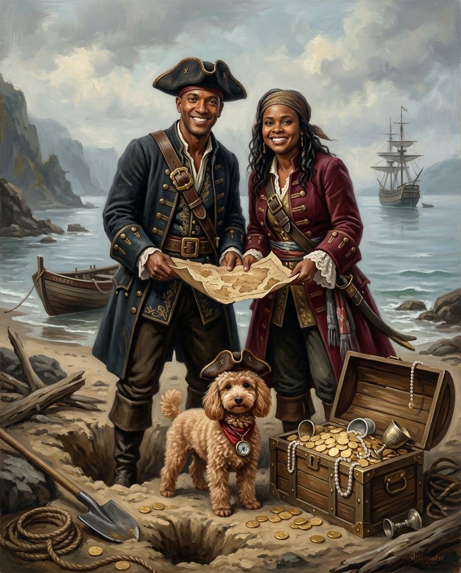 Treasure Seekers – Çift ve Evcil Dostlar kişiye özel portre tasarım örneği