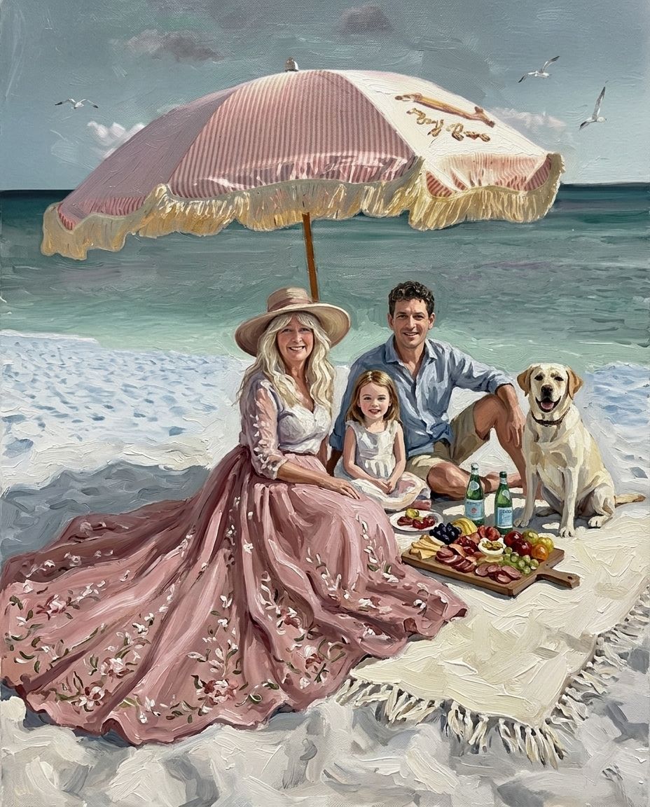 Seaside Picnic – Anne Baba ve Çocuk kişiye özel portre tasarım örneği