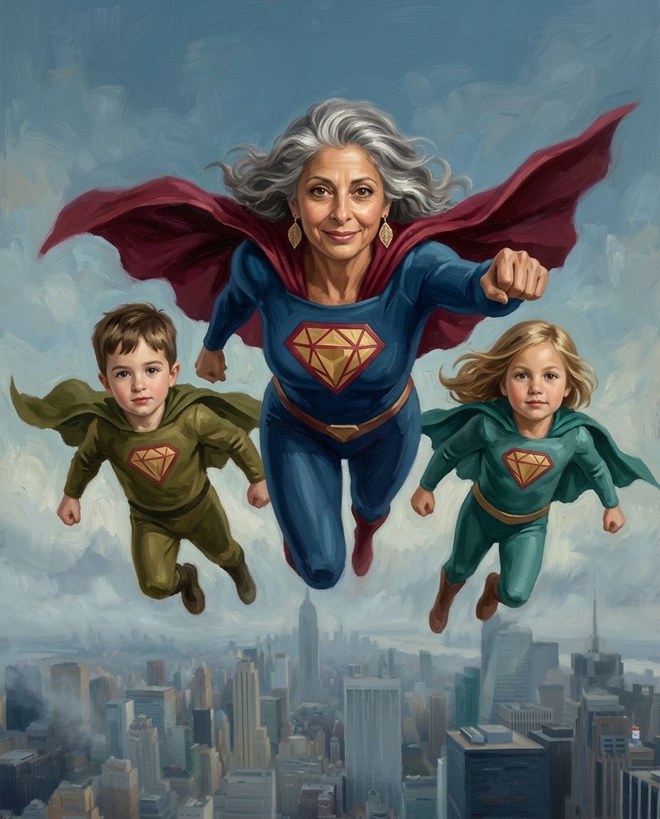 Super Hero – Büyükanne ve Torunlar kişiye özel portre tasarım örneği
