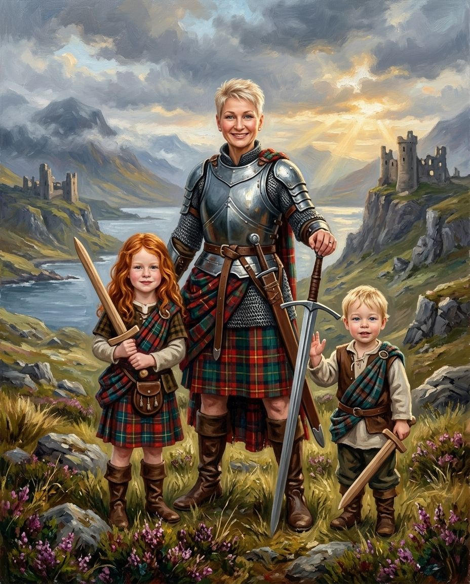 Highland Warrior – Büyükanne ve Torunlar kişiye özel portre tasarım örneği