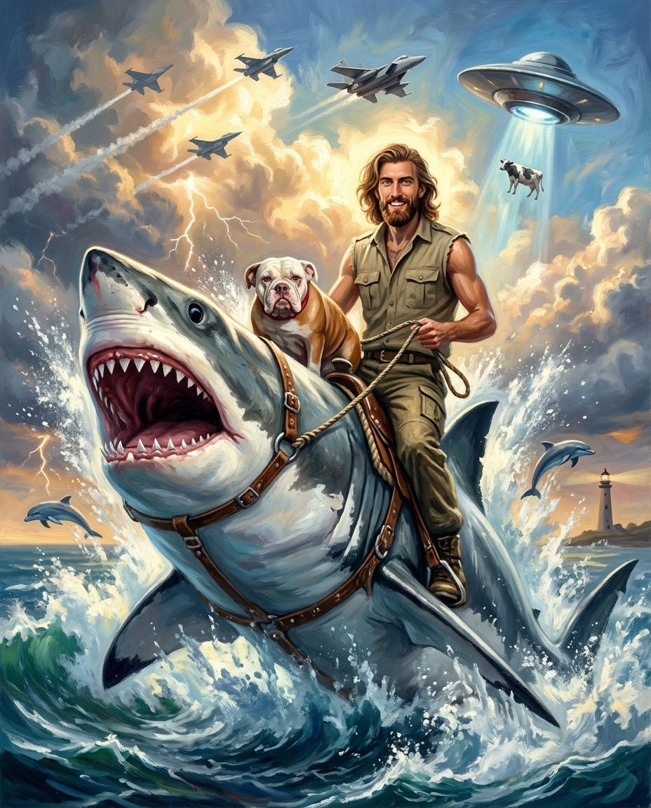 Shark Rider – Erkek ve Evcil Dost kişiye özel portre tasarım örneği