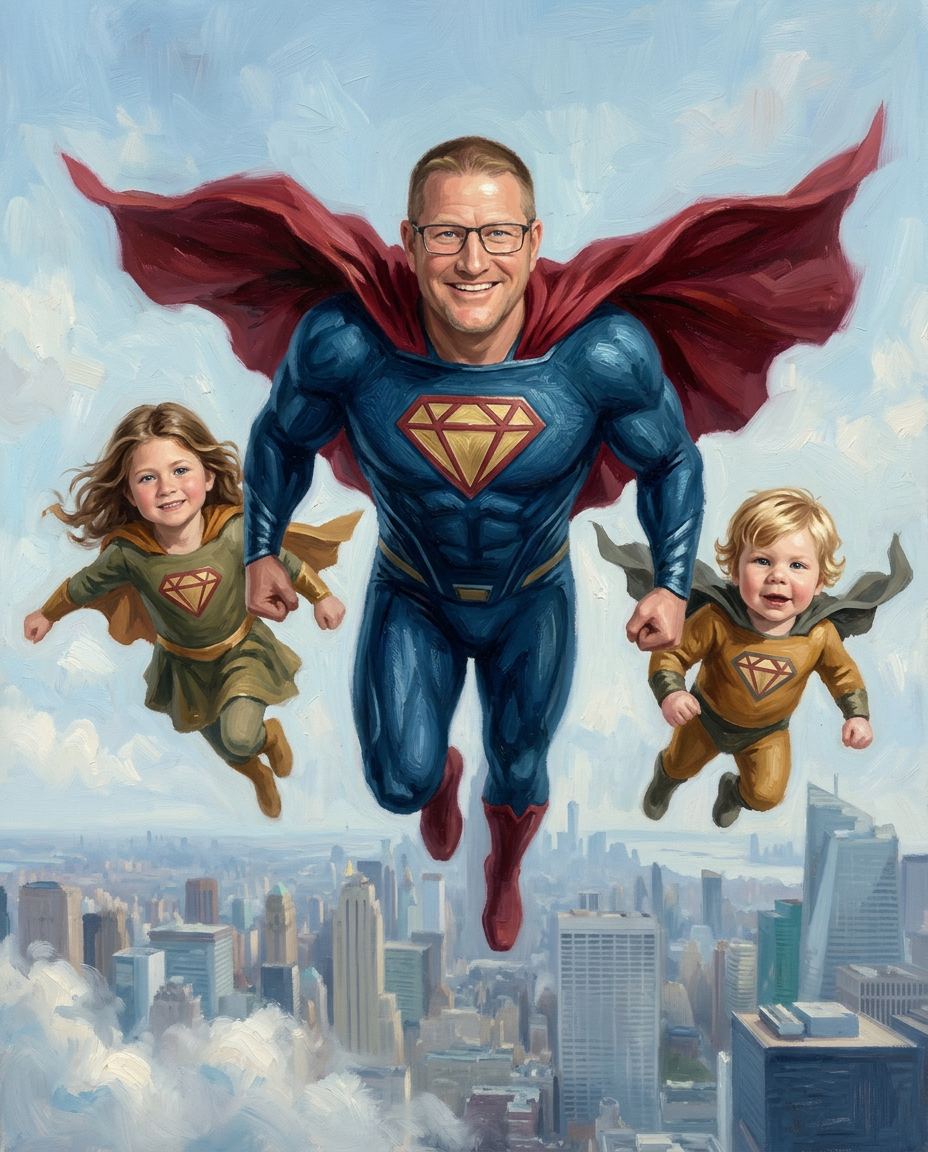 Super Hero – Baba ve Çocuklar kişiye özel portre tasarım örneği