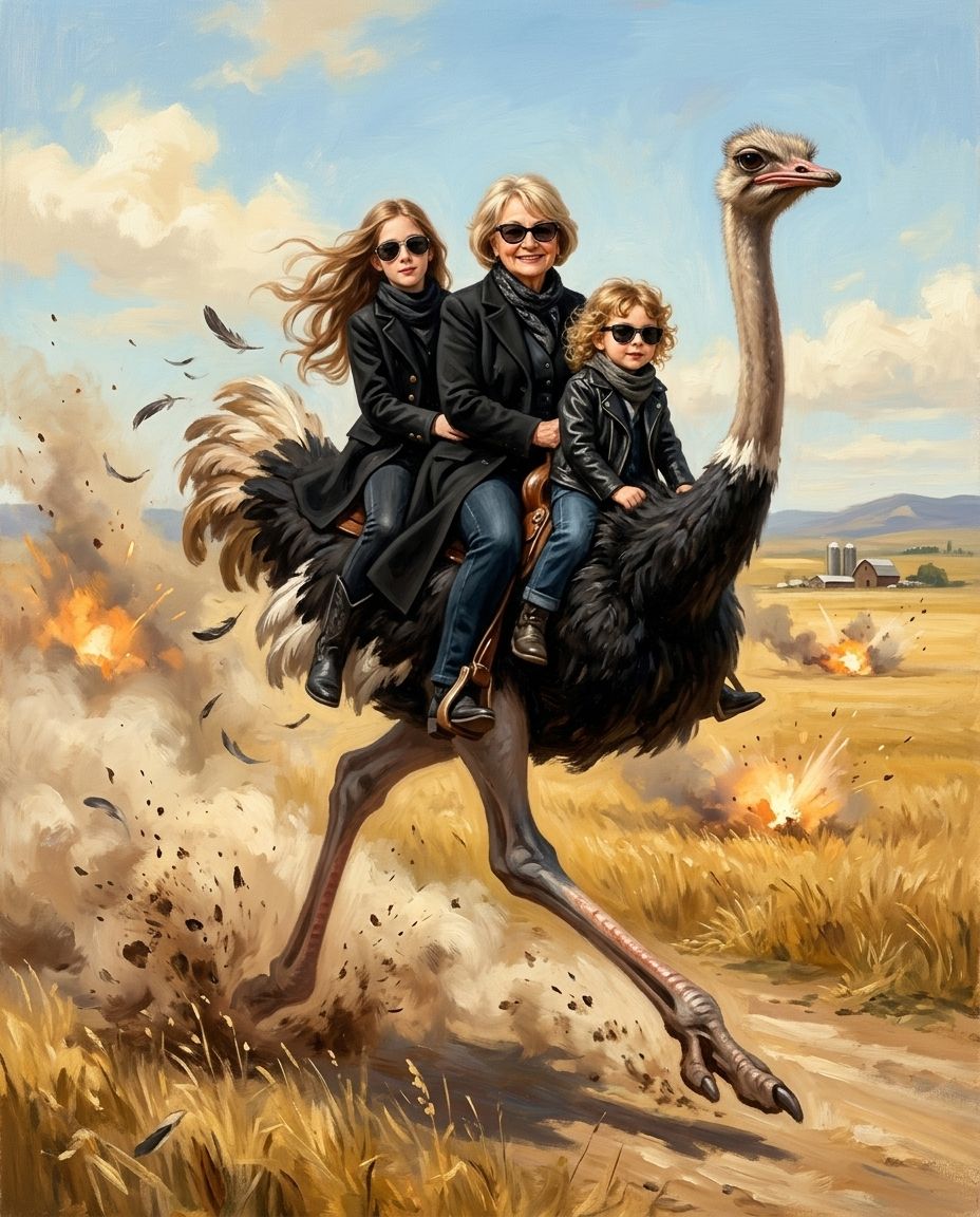 Ostrich Outlaw – Büyükanne ve Torunlar kişiye özel portre tasarım örneği