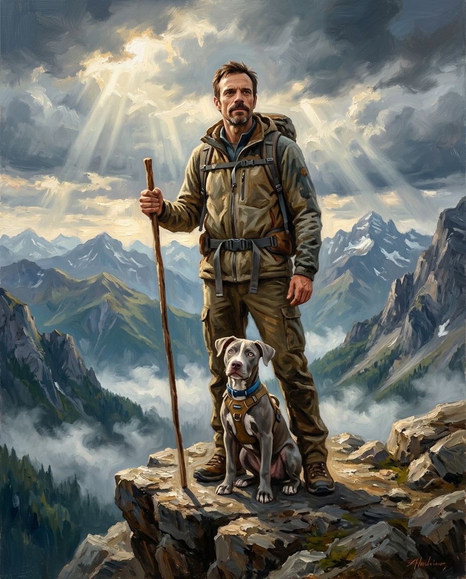 Mountain Explorer – Erkek ve Evcil Dost kişiye özel portre tasarım örneği
