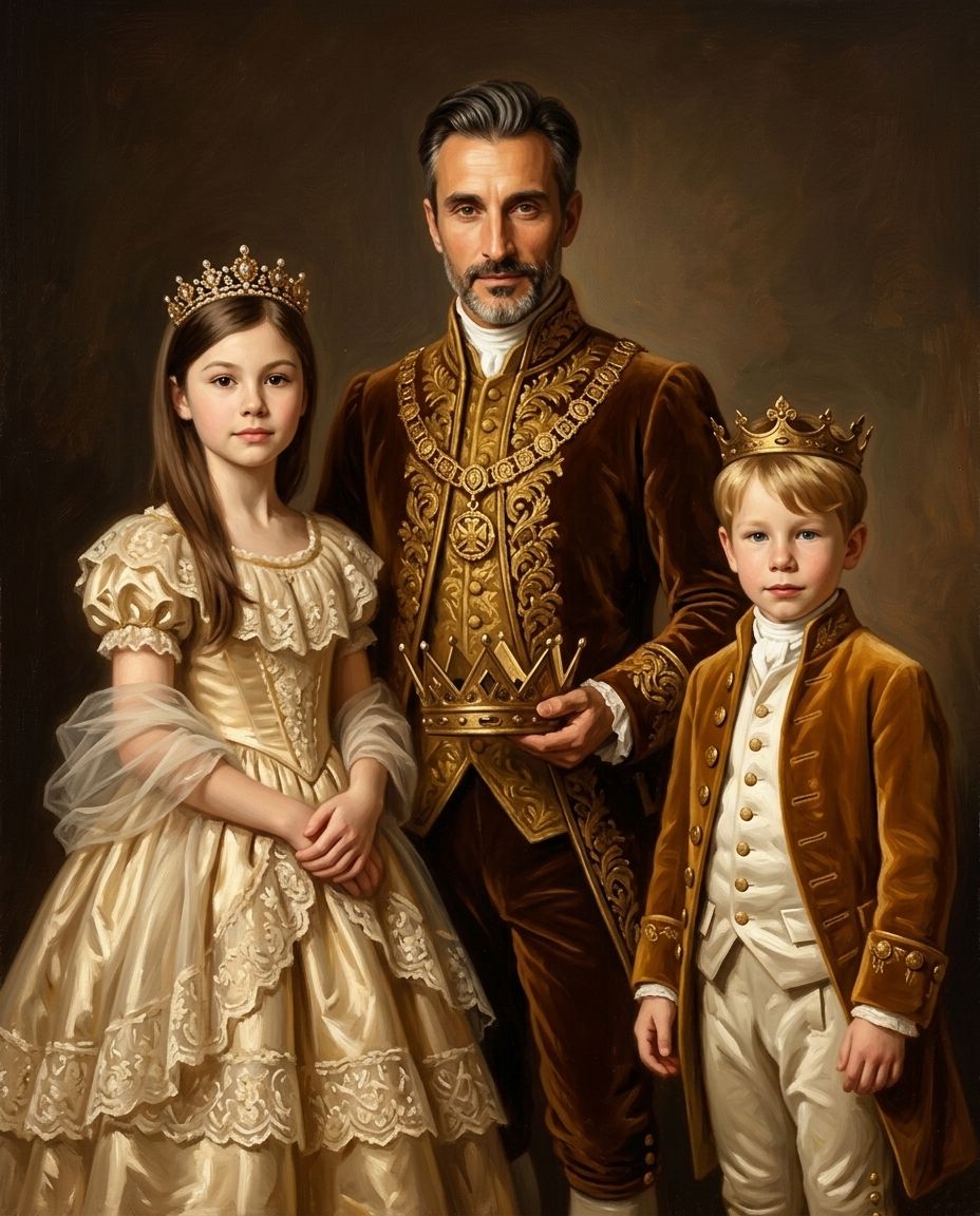 Royals in Gold – Baba ve Çocuklar kişiye özel portre tasarım örneği