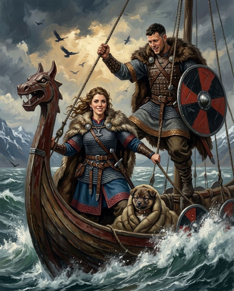 Storm Saga – Çift ve Evcil Dostlar kişiye özel portre tasarım örneği
