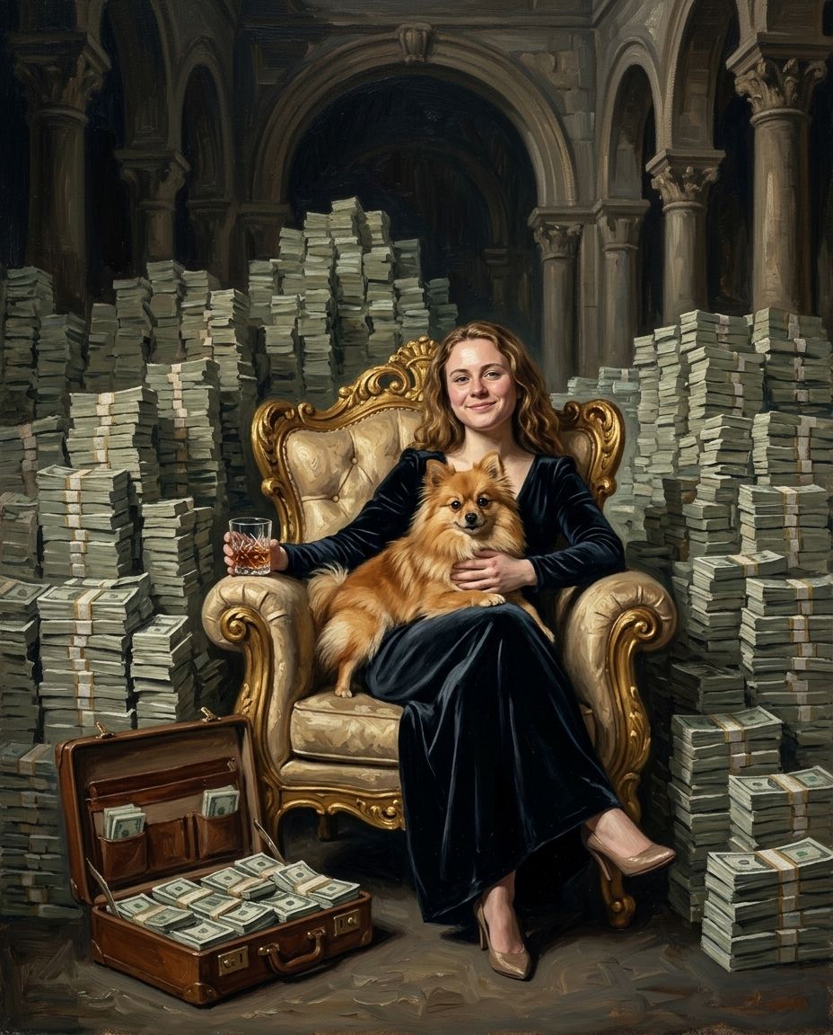 The Money Monarch – Kadın ve Evcil Dostlar kişiye özel portre tasarım örneği